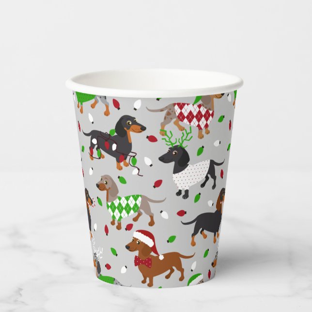 Gobelets En Papier Dachshund de Noël Tous les bonnets en papier (Recto)