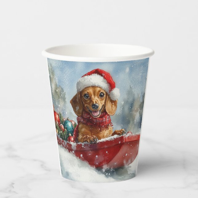 Gobelets En Papier Dachshund Dog in Sledge Let it neige Noël (Recto)