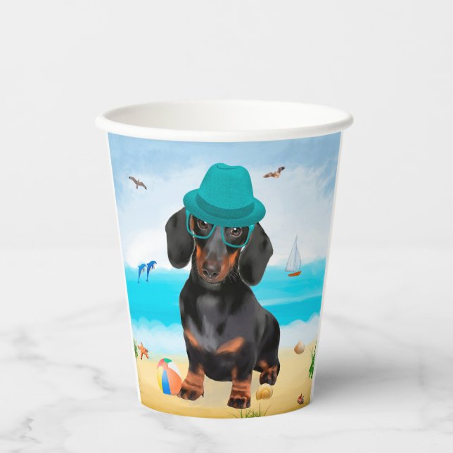 Gobelets En Papier Dachshund Dog sur la plage (Recto)