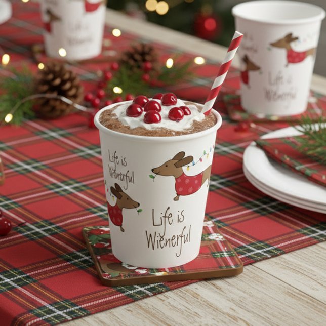 Gobelets En Papier Dachshund Fête de Noël La vie est pleine (Life is Wienerful dachsund Christmas or NYE party mugs drinkware)