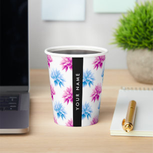 Gobelets En Papier Dahlia rose et bleu, motif floral, Votre nom