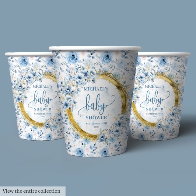 Gobelets En Papier Dainty pastel bleu fleurs or personnalisé bébé (Dainty pastel blue flowers gold personalized baby Paper Cups)
