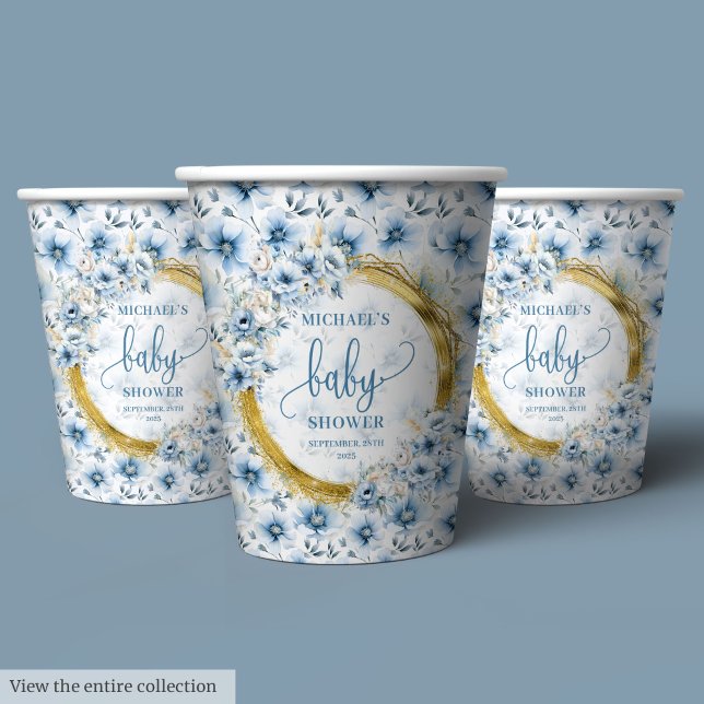 Gobelets En Papier Dainty pastel bleu fleurs or personnalisé bébé (Dainty pastel blue flowers gold personalized baby Paper Cups)