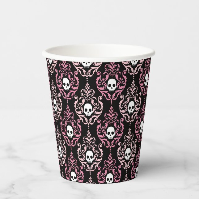 Gobelets En Papier Damas roses et noires avec crânes | Halloween (Recto)