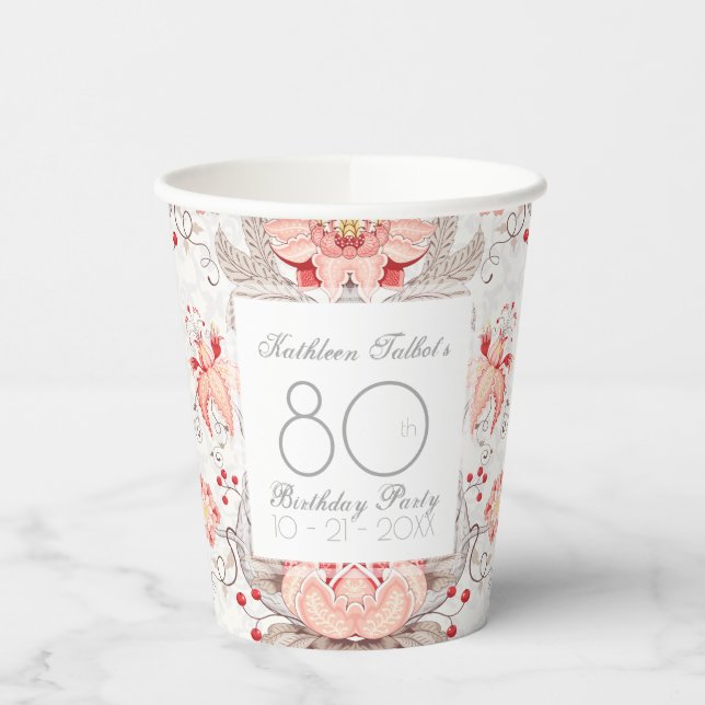 Gobelets En Papier Damask Floral 80th Birthday Party Paper Cup (Gauche)