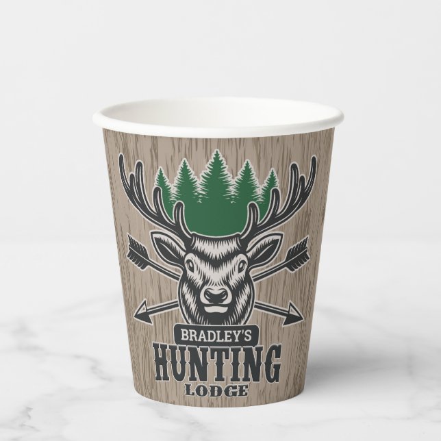 Gobelets En Papier Deer Elk Hunter AJOUTER NOM Bow Hunter Lodge Cabin (Recto)