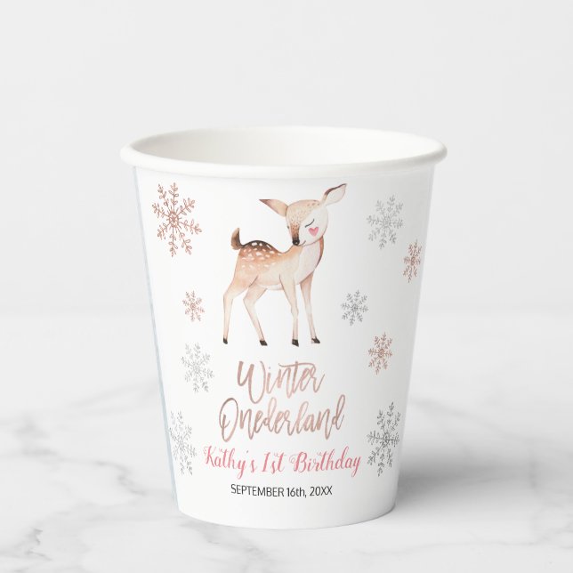 Gobelets En Papier Deer Winter ONEderland 1er anniversaire Rose Gold (Recto)