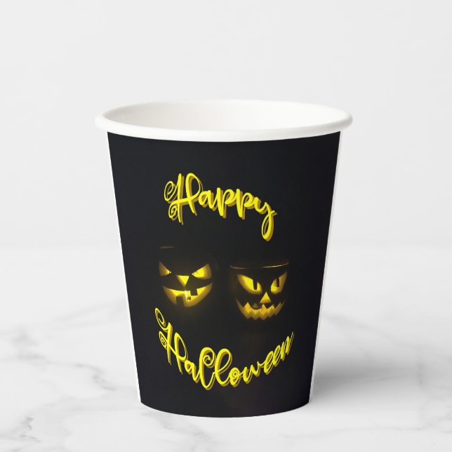 Gobelets En Papier Déplaisant Jaune Halloween heureux avec visage cit (Recto)