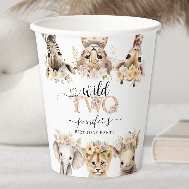 Gobelets En Papier Deux animaux sauvages Safari Girl 2e Anniversaire  (Créateur téléchargé)