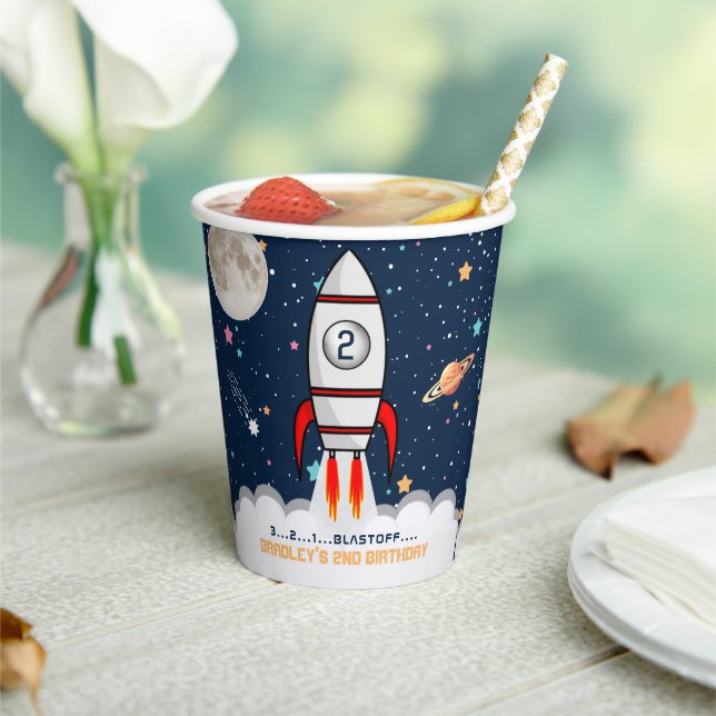 Gobelets En Papier Deux lune Rocket Ship 2e anniversaire (Insitu)