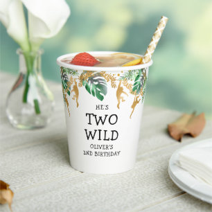 Gobelets En Papier Deux Sauvages Safari 2e Anniversaire Vert Or Blanc
