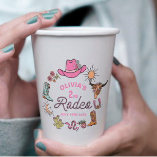 Gobelets En Papier Deuxième Rodéo Rose Cow-boy Occidental 2ème Annive