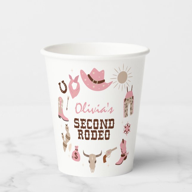 Gobelets En Papier Deuxième Rodéo Rose Western Cowboy 2e anniversaire (Recto)