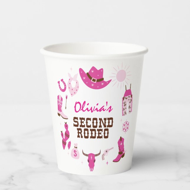 Gobelets En Papier Deuxième Rodéo Rose Western Cowboy 2e anniversaire (Recto)