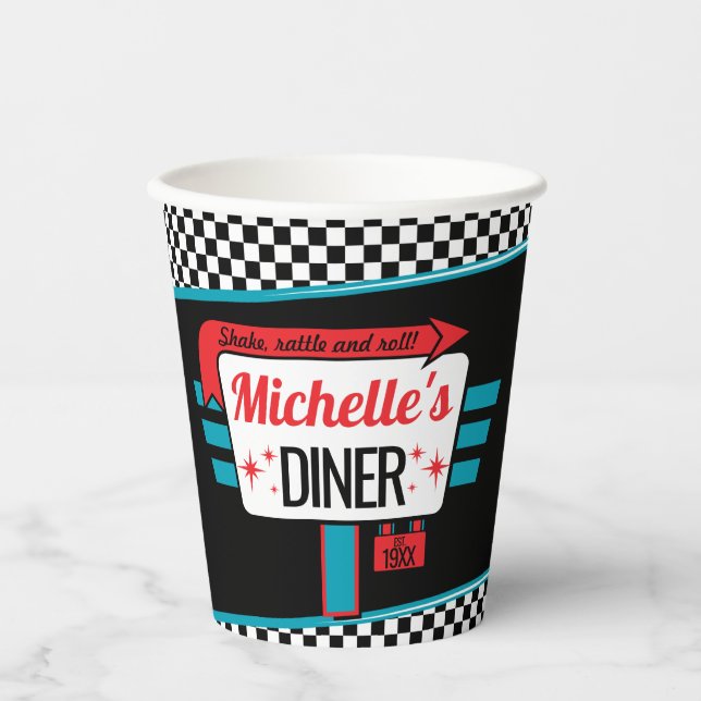 Gobelets En Papier Diner Retro Anniversaire 1950 tasse de papier fête (Recto)