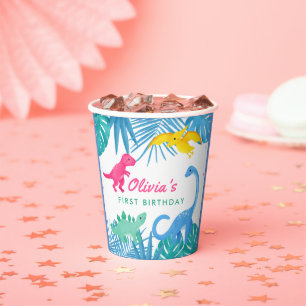 Gobelets En Papier Dinosaur fille 1er anniversaire coloré
