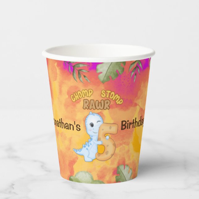 Gobelets En Papier Dinosaur Stomp Chomp Rawr 5e anniversaire fête (Recto)