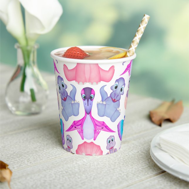 Gobelets En Papier Dinosaure Aquarelle rose Baby shower d'anniversair (Insitu)