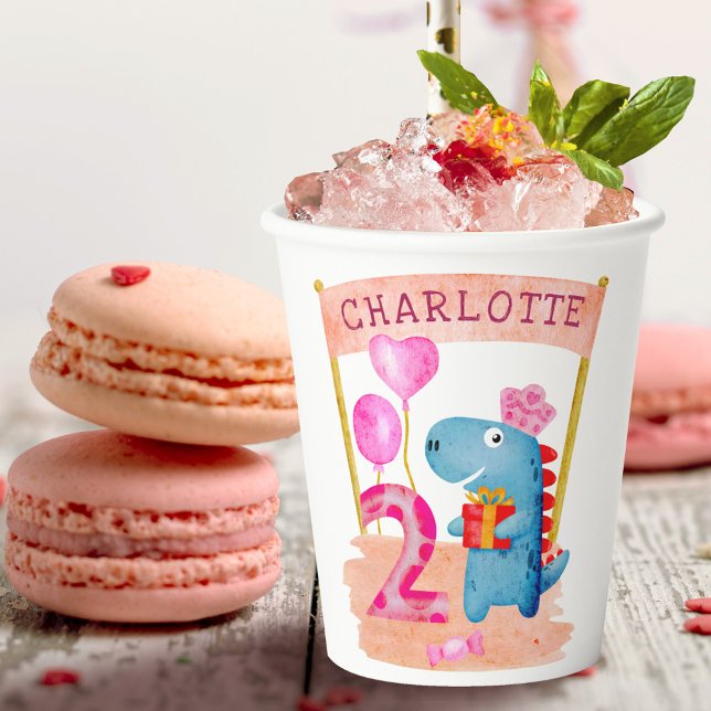 Gobelets En Papier Dinosaure Cute Girly 2 ans Anniversaire (Créateur téléchargé)