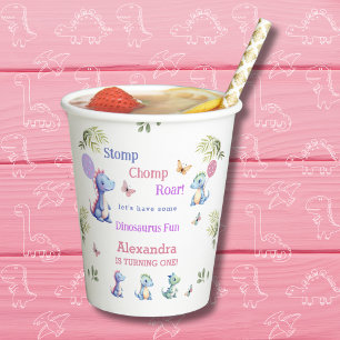 Gobelets En Papier Dinosaure fille rose mignonne 1er anniversaire