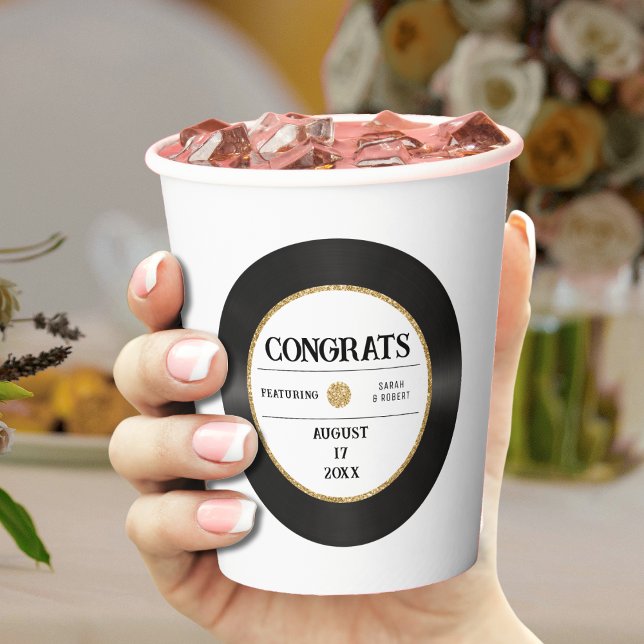 Gobelets En Papier Disque vinyle rétro doré félicitations mariage (Retro Gold Glitter Vinyl Record Congrats Wedding Paper Cups
)