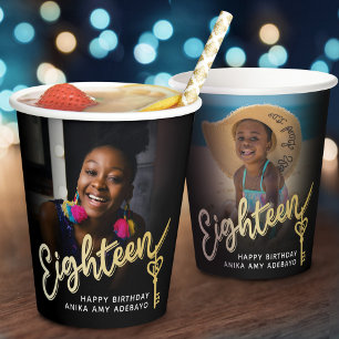 Gobelets En Papier Dix-huit 18e anniversaire script photo clé or