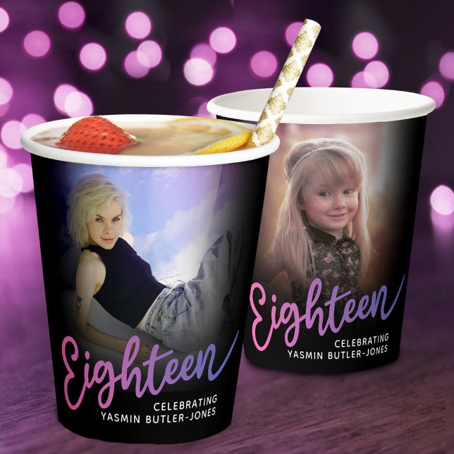 Gobelets En Papier Dix-huit 18e anniversaire script photo rose violet (Créateur téléchargé)