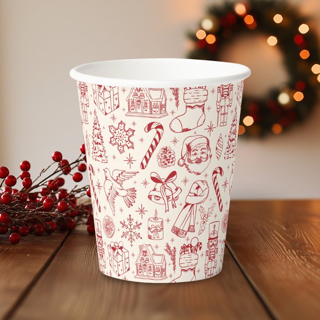Gobelets En Papier Doodle de Noël rouge rétro (Créateur téléchargé)