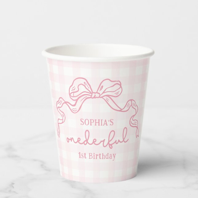 Gobelets En Papier Doodle Pink Bow Baby Girl 1er anniversaire (Recto)