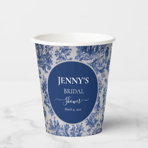 Gobelets En Papier Douce Toile de Jouy Bleue et Blanche pour Baby Sho