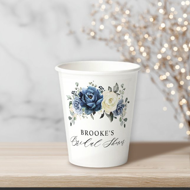 Gobelets En Papier Douche de Mariée Champagne Navy Bleu Poussiéreux  (Dusty Blue Navy Champagne Ivory Bridal Shower Paper Cups)