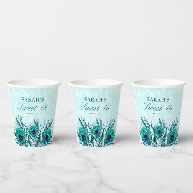 Gobelets En Papier Doux 16 Plumes de paon Parties scintillant Turquoi (Multi)
