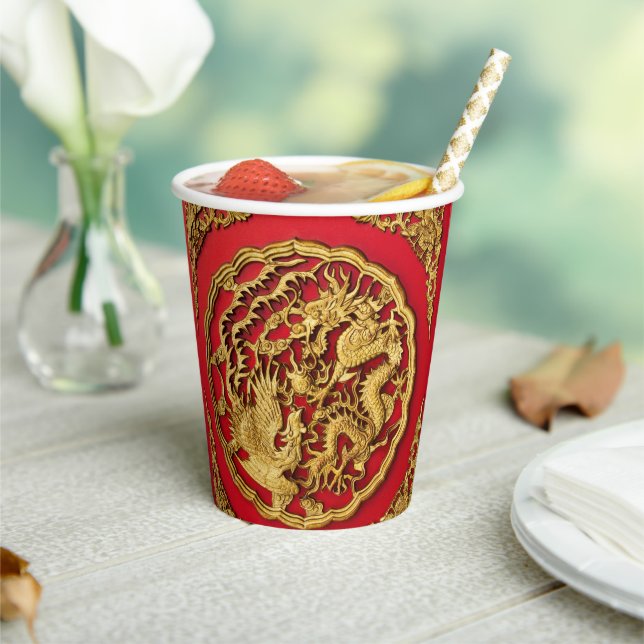 Gobelets En Papier Dragon Phoenix Red Gold Mariage chinois (Insitu)