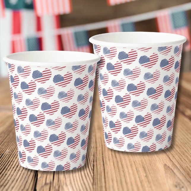 Gobelets En Papier Drapeau américain Rouge Bleu Patriotique (Cute Patriotic American Flag Rustic Heart Pattern Paper Cups)