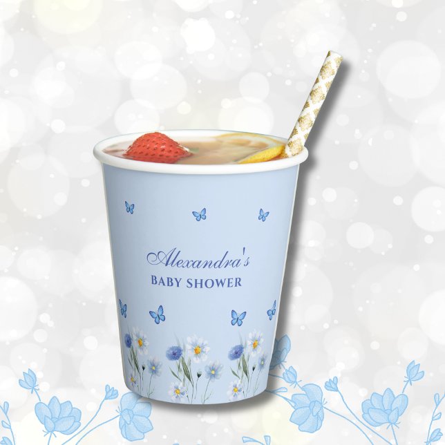 Gobelets En Papier Dusty Blue Butterfly Boho Baby shower Fleur sauvag (Créateur téléchargé)