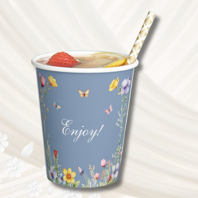Gobelets En Papier Dusty Blue Fleur sauvage Boho Fête des mariées flo (Créateur téléchargé)