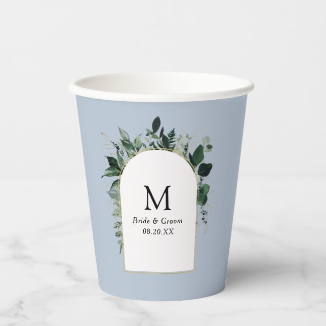 Gobelets En Papier Dusty Blue Moderne Botanique monogrammed mariage (Recto)