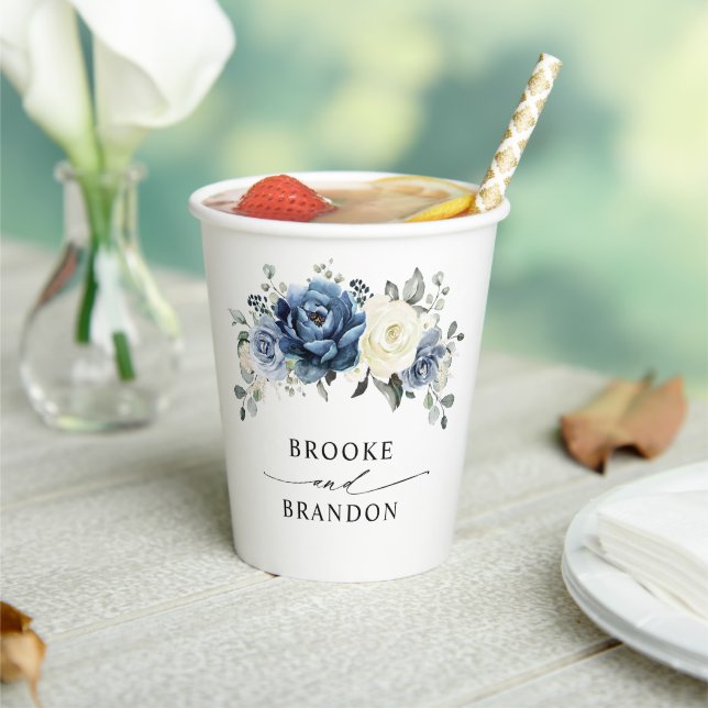 Gobelets En Papier Dusty Blue Navy Champagne Ivory Floral Mariage (Insitu)