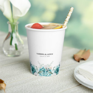 Gobelets En Papier Dusty Emerald Green Blanc Floral Mariage