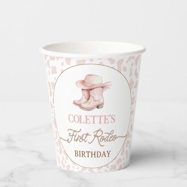 Gobelets En Papier Dusty Pink Cowgirl Bottes Premier Rodéo 1er Annive (Recto)
