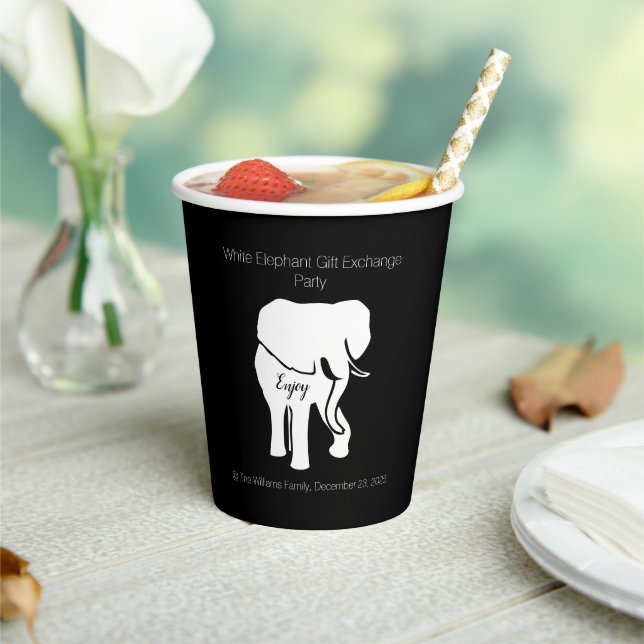 Gobelets En Papier Échange cadeau d'éléphant noir et blanc Texte pers (Insitu)