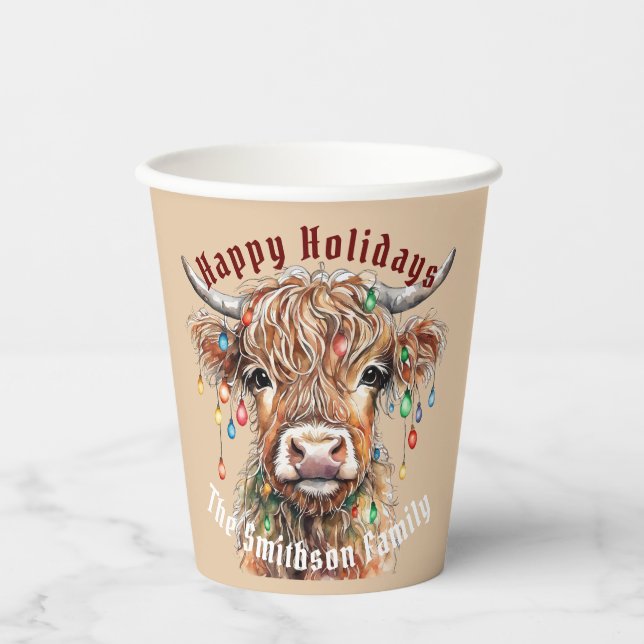 Gobelets En Papier Éclairage de Noël de la vache écossaise Highland (Recto)