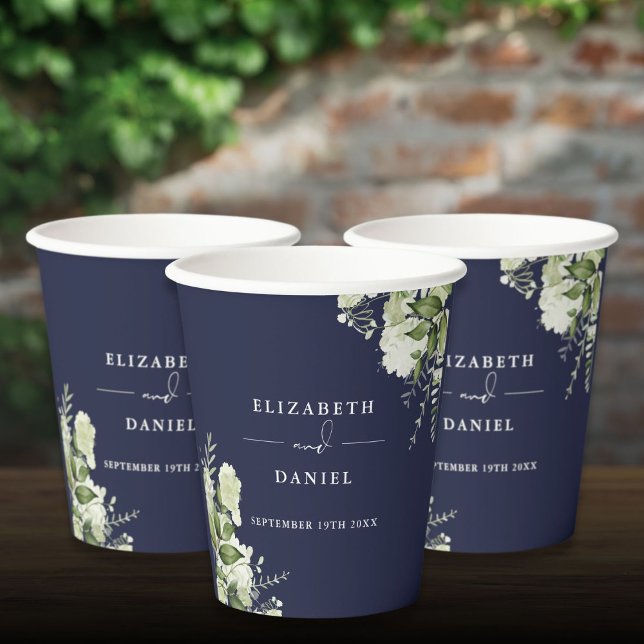 Gobelets En Papier Élégance Florale de Mariage en Bleu Nuit (Greenery Floral Elegant Navy Blue Wedding Paper Cups)