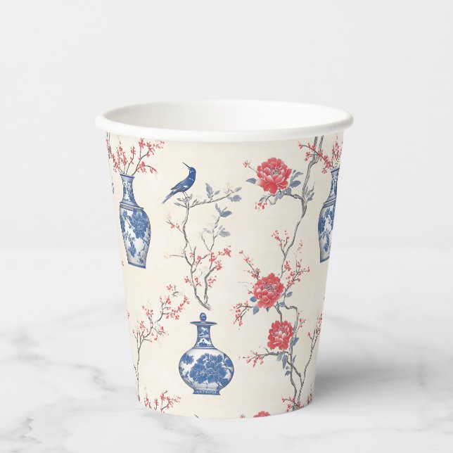 Gobelets En Papier Elégance orientale : Porcelaine bleue et fleurs (Recto)