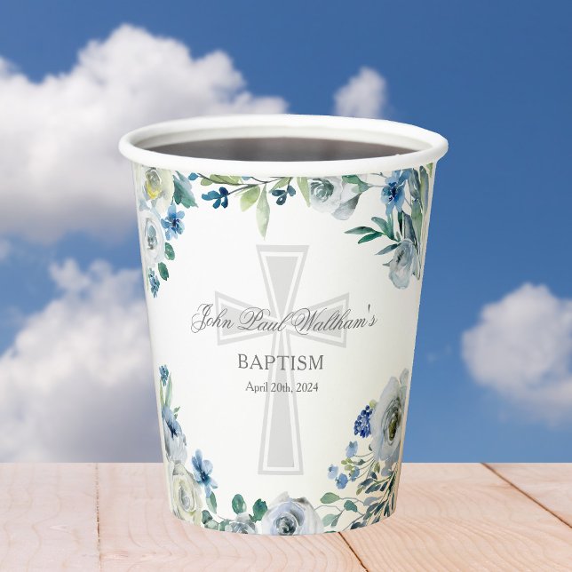 Gobelets En Papier Élégant Baptême Floral Bleu Parti Religieux (Créateur téléchargé)