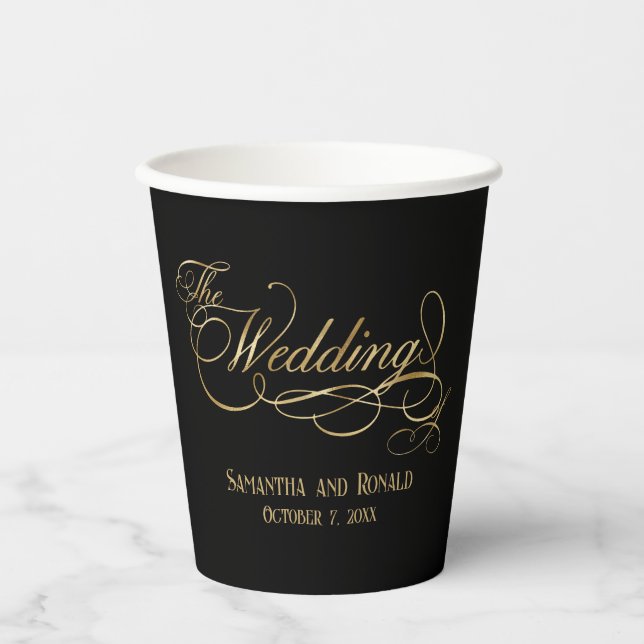 Gobelets En Papier Elegant Black and Faux Gold Calligraphy Wedding  (Recto)