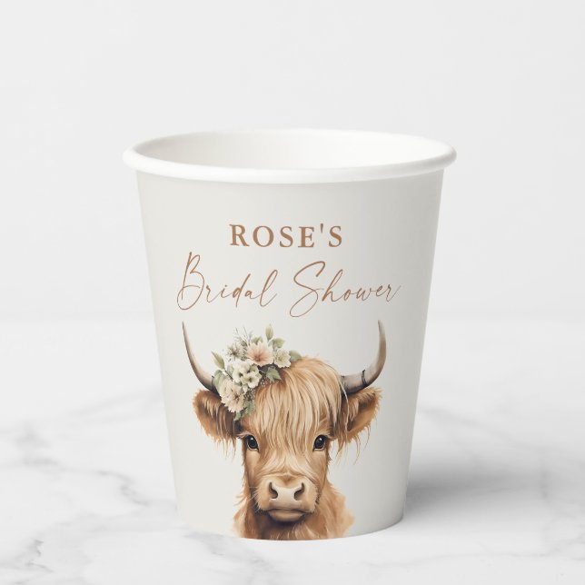 Gobelets En Papier Élégant Boho Highland Cow Shower de Mariée  (Recto)