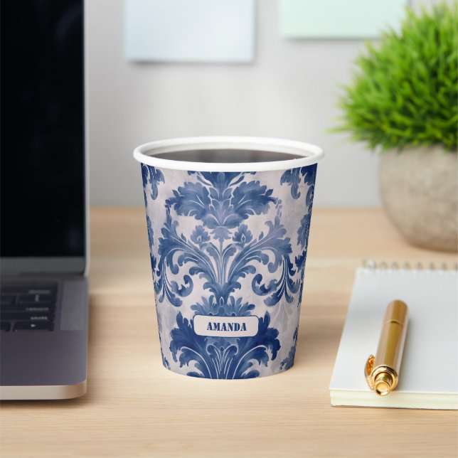 Gobelets En Papier Élégant damassé Bleu toile de jouy monogramme (Insitu)