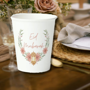 Gobelets En Papier Elégant Floral moderne Aïd Moubarak rose blanc