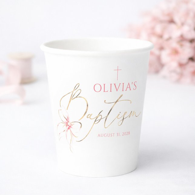 Gobelets En Papier Elegant Gold and Pink Bow Girl Baptism (Baptism Celebration Pink Bow Cup)